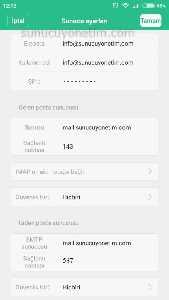 android mail kurulumu sunucu ayarları