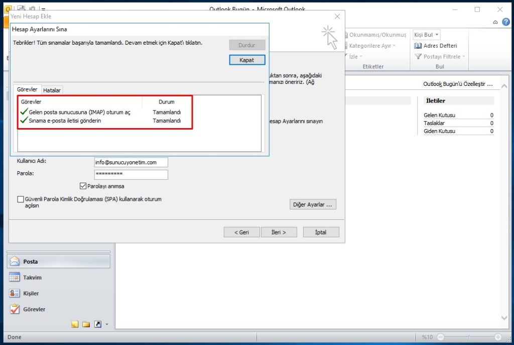 IMAP Mail kurulum ayarları