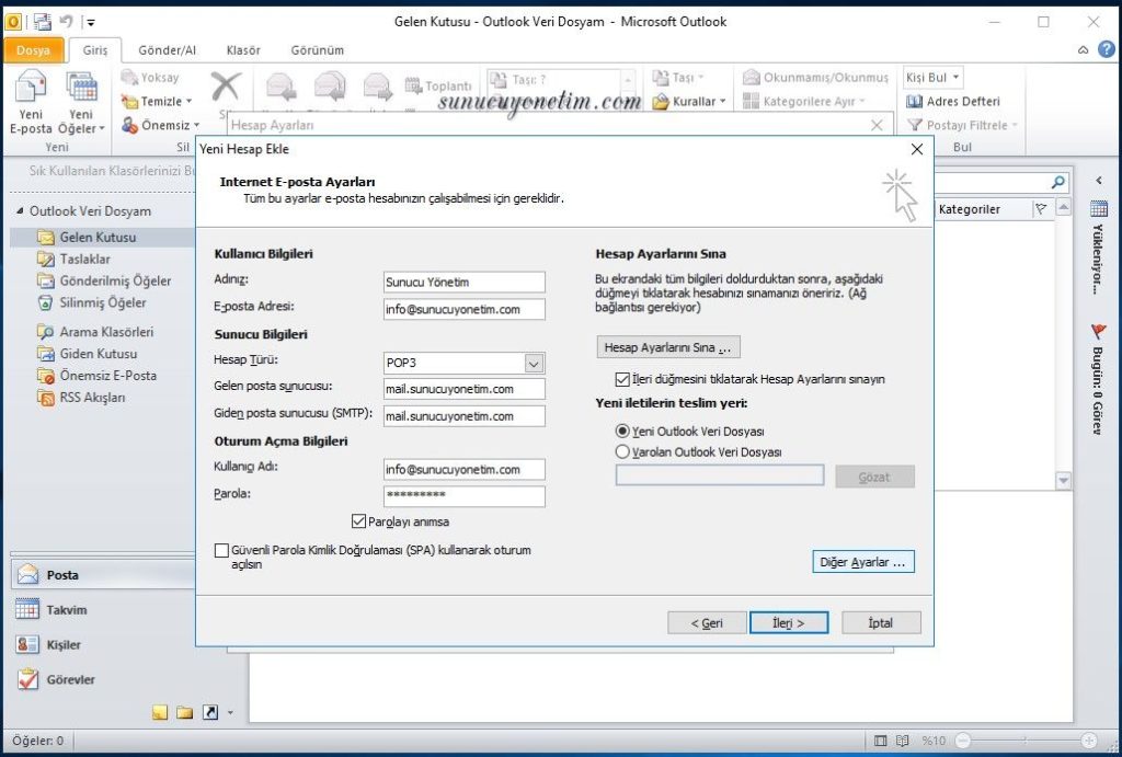 Outlook mail kurulum Internet E-Posta Ayarları