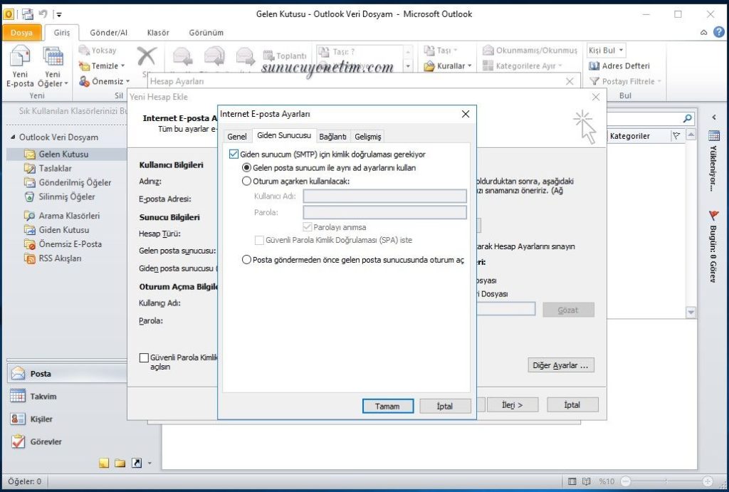Outlook internet e-posta ayarları giden sunucu sekmesi