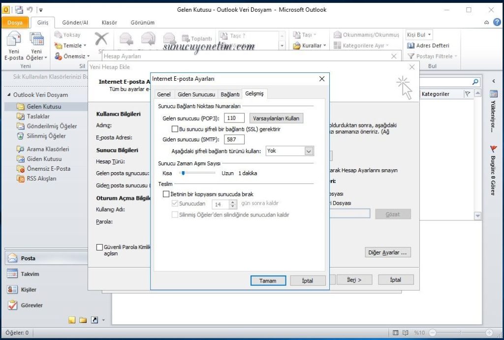 Outlook mail kurulum sunucu bağlantı noktası ayarları