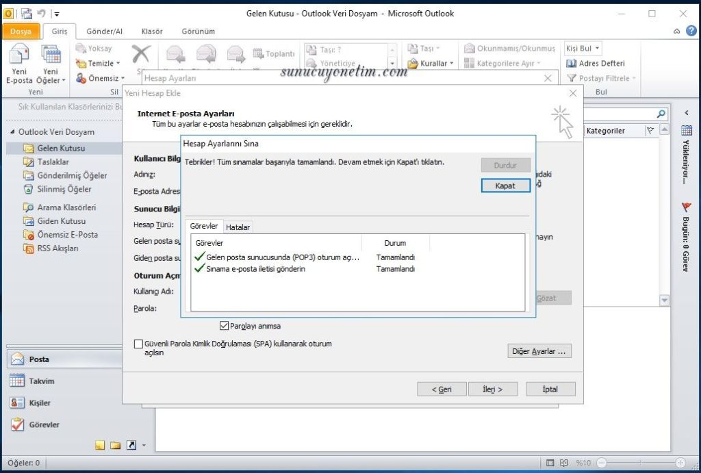 Outlook hesap ayarlarını sınama alanı