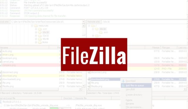 FileZilla programı arayüzü, FTP dosya transferi için kullanılan bir yazılımdır.