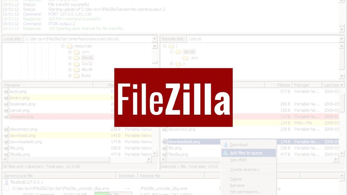 FileZilla programı arayüzü, FTP dosya transferi için kullanılan bir yazılımdır.
