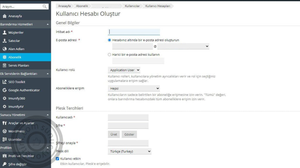 Plesk panel kullanıcı hesabı oluşturma