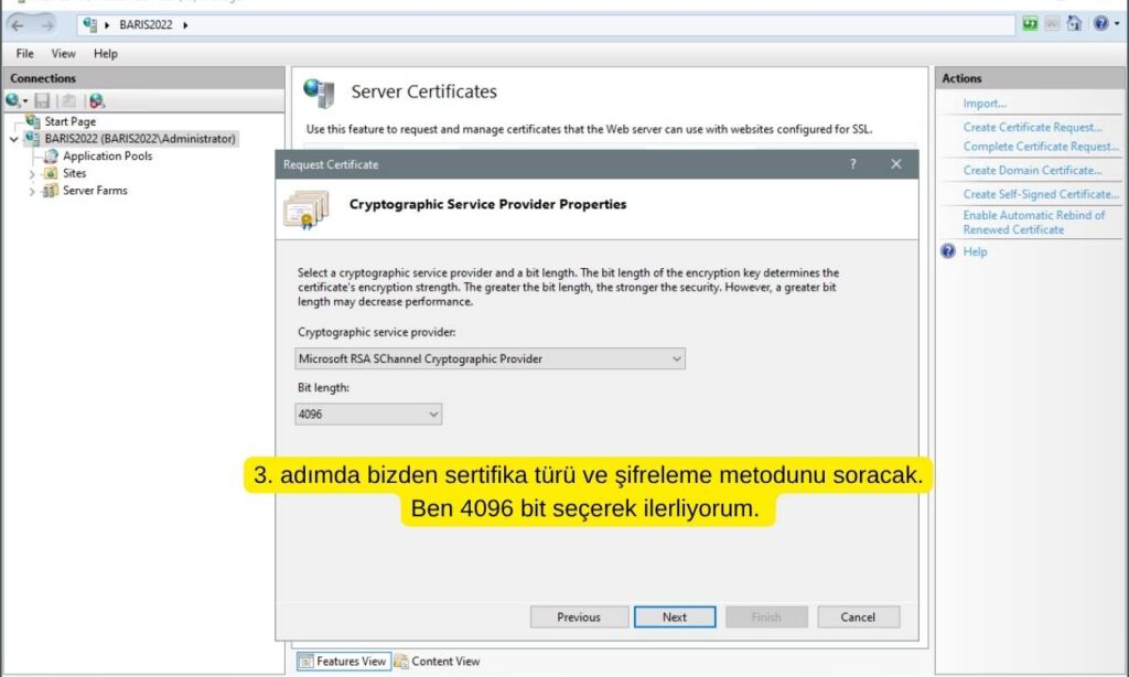 Anahtar Güçlüğü ve Şifreleme Algoritması Seçimi ekleme adımı