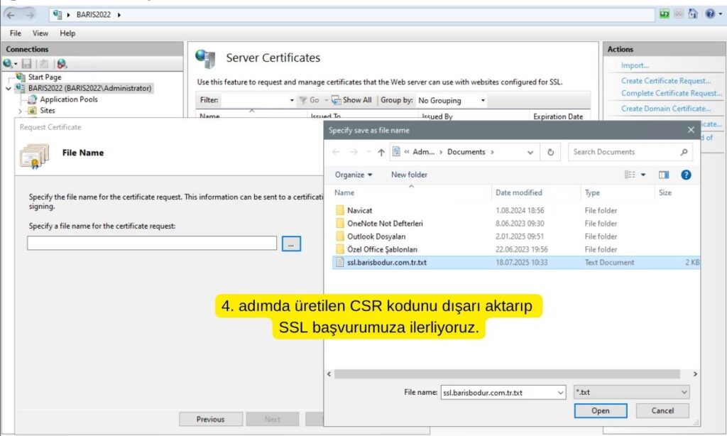 CSR Dosyasını Oluşturma ve dışarı aktarma.