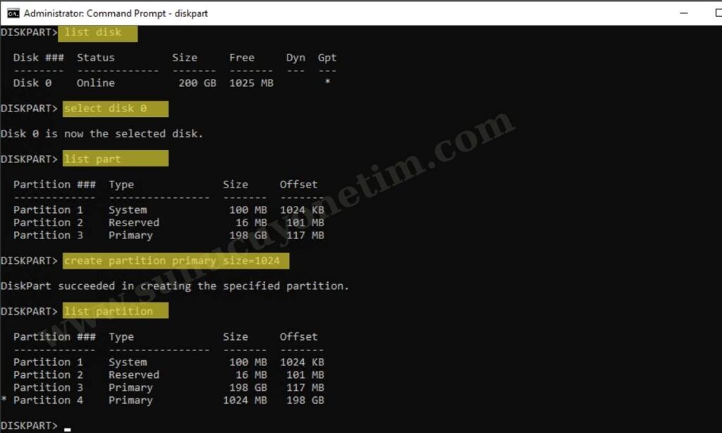 Diskpart create partition ve format komutları