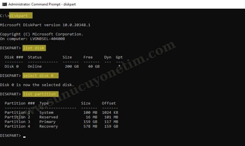 diskpart, list disk, select disk 0, llist partition komutları ile kurtarma bölümünü belirliyoruz