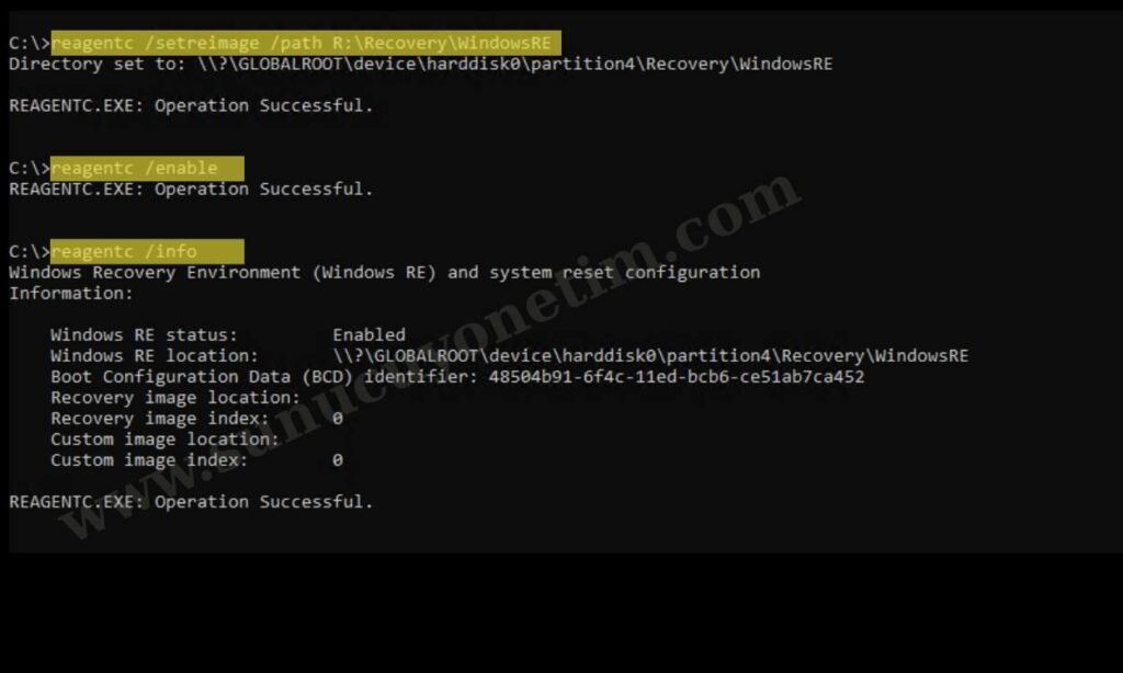 Reagentc setreimage ve info komutları çıktısı